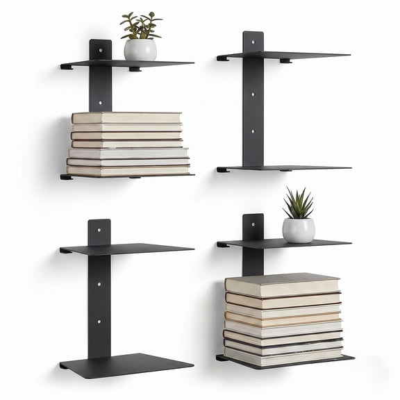 Invisible Floating Bookshelf Wall Mounted Set of 4 Metal Shelves for Book Storage – Black