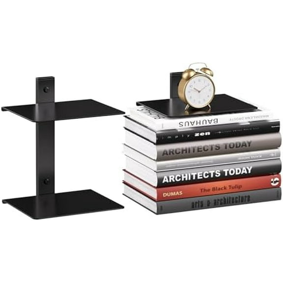 Invisible Floating Bookshelf for Wall, 2 Tier Vertical Spine Book Tower Wall Mounted, Heavy-Duty Metal Book Organizers for Home Office, 1 Pack Black