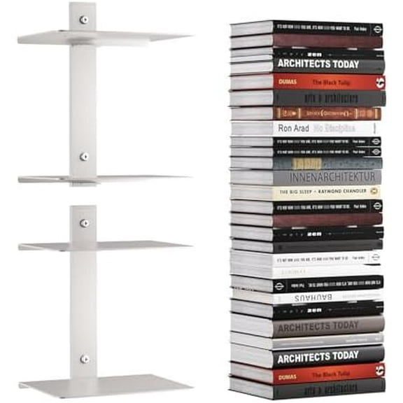 Invisible Floating Bookshelf for Wall, 4 Tier Vertical Spine Book Tower Wall Mounted, Heavy-Duty Metal Book Organizers for Home Office, 2 Pack White