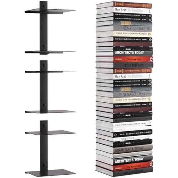 Invisible Floating Bookshelf for Wall, 6 Tier Vertical Spine Book Tower Wall Mounted, Heavy-Duty Metal Book Organizers for Home Office, 3 Pack Black