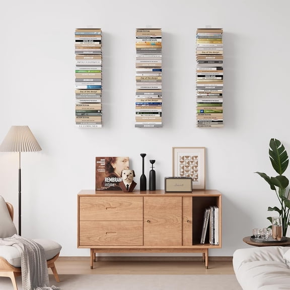 Invisible Floating Bookshelf for Wall, 8 Tier Heavy Duty Metal Vertical Spine Tower Hanging Shelf, 4 Pack White