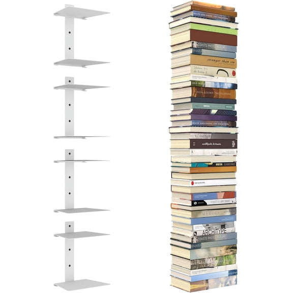 Invisible Floating Bookshelves 8 Tier Vertical Spine Book Tower Heavy Duty Metal Book Organizers 4 Pack White