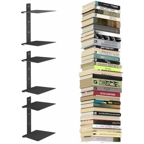 Invisible Floating Bookshelves for Wall, 6 Tier Vertical Spine Book Tower, Heavy Duty Floating Book Shelves Metal Book Organizers for Home Office, 3 Pack(Black)