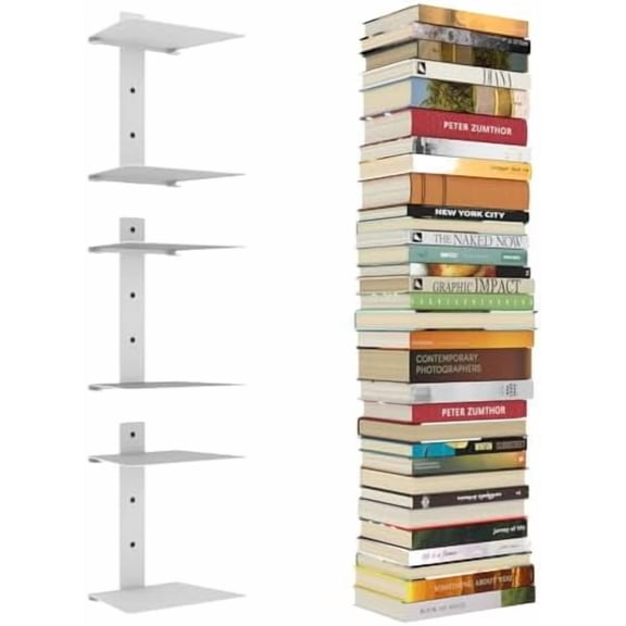 Invisible Floating Bookshelves for Wall, 6 Tier Vertical Spine Book Tower, Heavy Duty Floating Book Shelves Metal Book Organizers for Home Office, 3 Pack(White)