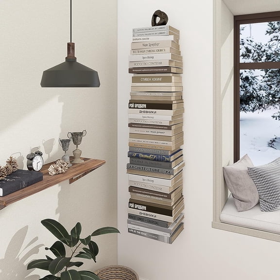 Invisible Floating Bookshelves for Wall, 8 Tier Vertical Spine Book Tower, Heavy Duty Floating Book Shelves Metal Book Organizers for Home Office, 4 Pack(White)