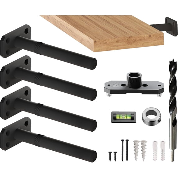 Invisible Floating Shelf Bracket 5 Inch Rod 3/4 inch Diameter Heavy Duty with Jig – Hidden Metal Mantel Mount for Wall Shelves – Floating Shelf Hardware for Bathroom, Kitchen & Living Room (4 Pack)