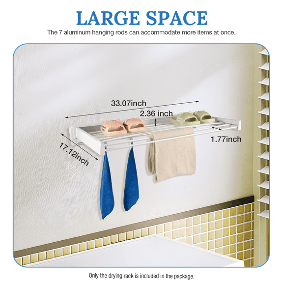 Invisible Folding Aluminum Wall Mounted Folding Drying Rack with Hanger & Rods, White