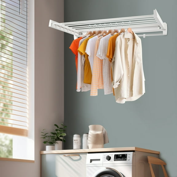 Invisible Folding Wall-Mounted Drying Rack with 7 Rods, Space Aluminum & ABS, Towel Bar and Movable Hooks, Compact and Space-Saving Design, White