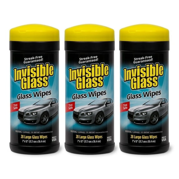 Invisible Glass 90166-3PK Large Glass Cleaning Wipes for Streak-Free Windows, Mirrors, and Glass, Lint-Free, for Home and Auto, Canister, 28 Count (Pack of 3)
