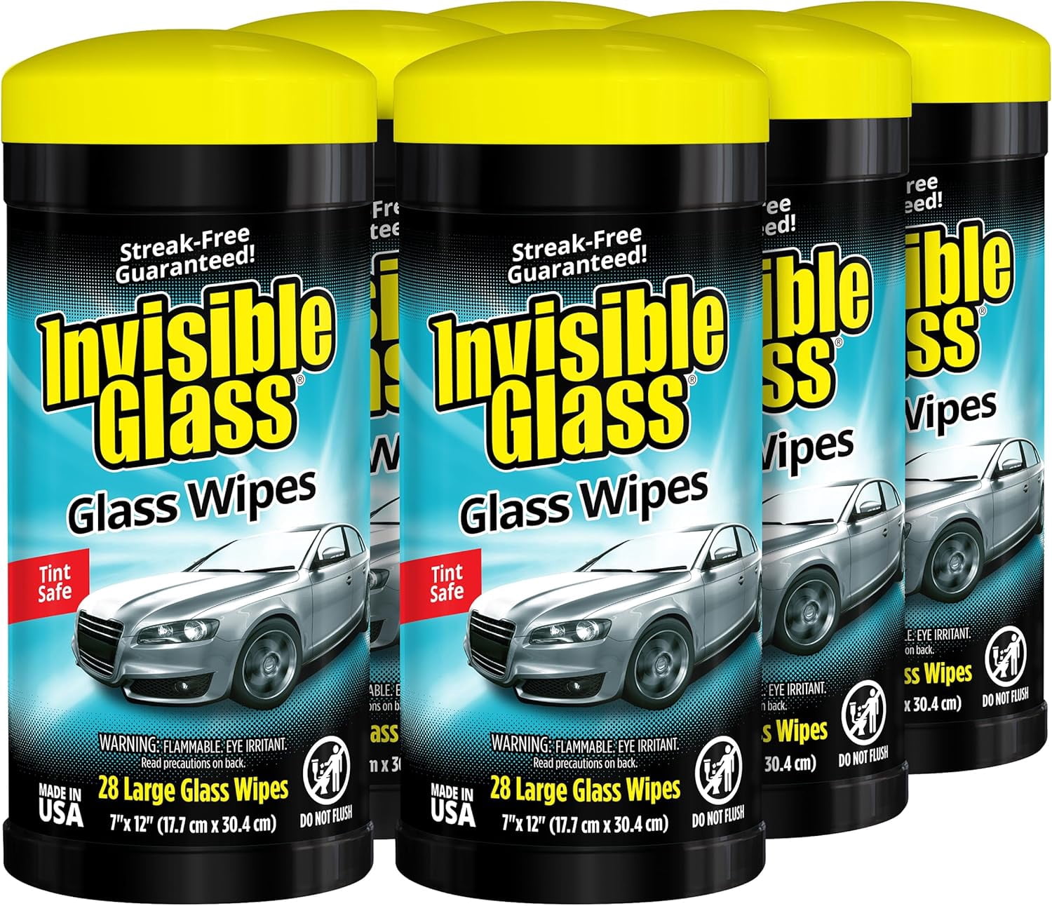 Invisible Glass 90166-6PK Large Glass Cleaning Wipes for Streak-Free Windows, Mirrors, and Glass, Lint-Free, for Home and Auto, Canister, 28 Count (Pack of 6)