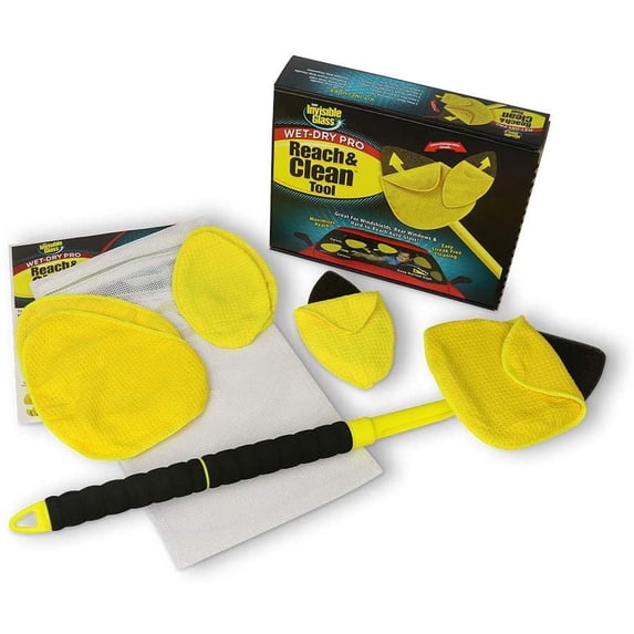 Invisible Glass 95164 Reach and Clean Tool Wet-Dry Pro Window and Windshield Wand Glass Cleaning Tool has Extendable Handle and Washable Reusable Microfiber Cloth for Auto Interior and Exterior Glass