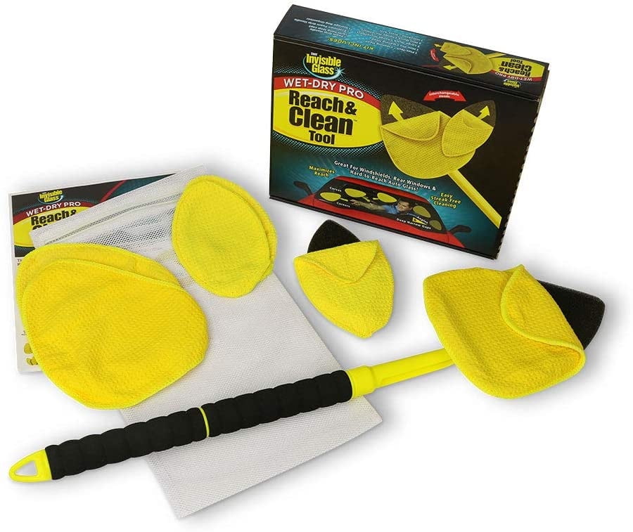 Invisible Glass 95164 Reach and Clean Tool Wet-Dry Pro Window and Windshield Wand Glass Cleaning Tool has Extendable Handle and Washable Reusable Microfiber Cloth for Auto Interior and Exterior Glass