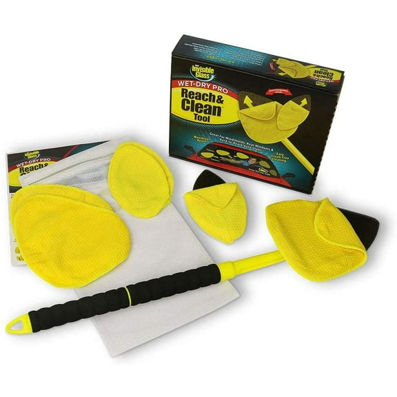 Invisible Glass 95164 Reach and Clean Tool Wet-Dry Pro Window and Windshield Wand Glass Cleaning Tool has Extendable Handle and Washable Reusable Microfiber Cloth for Auto Interior and Exterior Glass