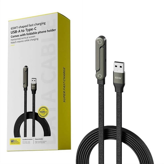 Invisible Holder Charger Cable, Braided Fast Charge Cable with Built-in Foldable Phone Stand, 2026 New T-Shaped Durables Charging Cord for Gaming, Office, Home - USB to C 65W