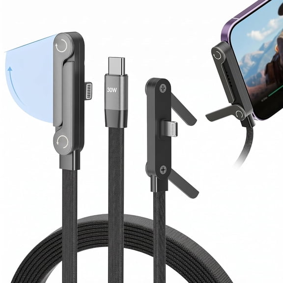 Invisible Holder USB C to Lightning Charger Cable, MFi 30W PD Fast Charging Sideways iPhone Charger Cord, 4.9 FT Type C to Lightning Cable with 360 Adjustable Metal Stand for Gaming, Office, Home
