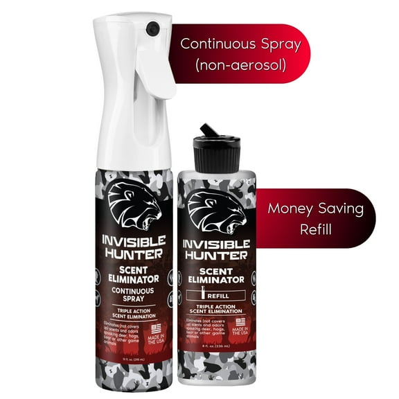 Invisible Hunter Scent Eliminator Continuous Spray + Refill; Triple Action Scent Elimination to be Invisible in the Woods. Save Money with the Bundle
