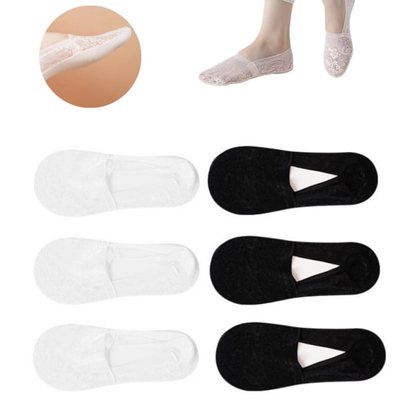 Invisible Low Cut Socks QZS Durable No Show Socks Balck White Non Slip Lace Socks for Home 6 Pairs Breathable Socks for Women