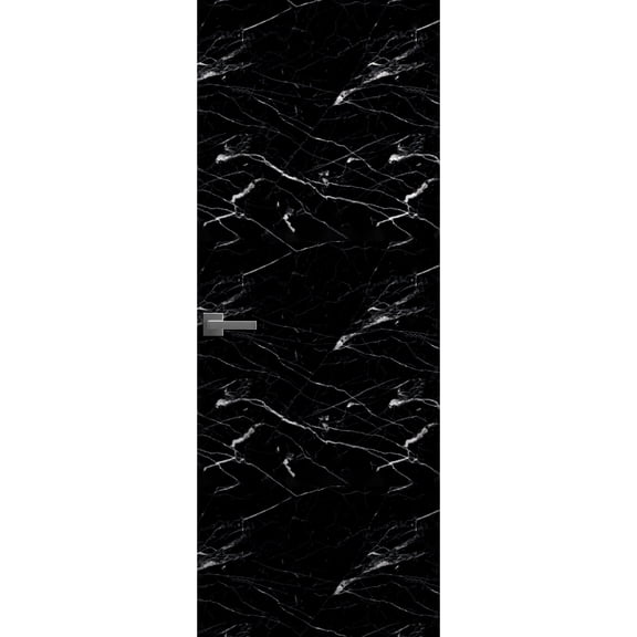 Invisible Solid Hidden Door with Handle | Planum 0010 Nero Marquina with Silver Hidden Frame 28" x 84" Left-hand Inswing Silver Frame | Concealed Hinges Lock Handle | Modern Frameless Doors