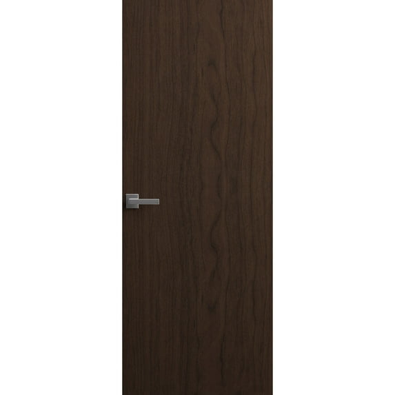 Invisible Solid Hidden Door with Handle | Planum 0010 Noce with Silver Hidden Frame 30" x 84" Left-hand Inswing Silver Frame | Concealed Hinges Lock Handle | Modern Frameless Doors