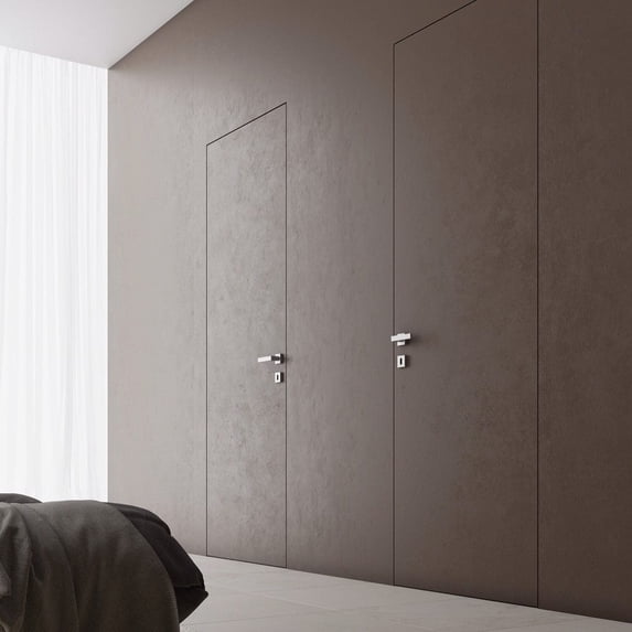 Invisible Solid Hidden Door with Handle | Planum 0010 Primed with Black Hidden Frame 36" x 96" Left-hand Inswing Black Frame | Concealed Hinges Lock Handle | Modern Wardrobe Wood Frameless Doors