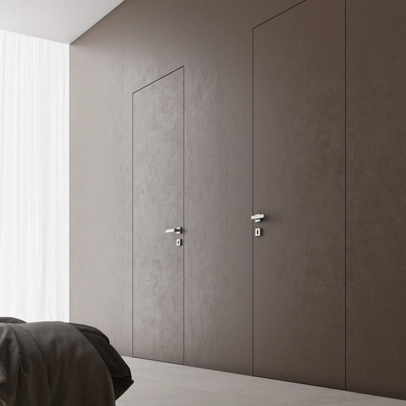Invisible Solid Hidden Door with Handle | Planum 0010 Primed with Silver Hidden Frame 24" x 80" Left-hand Inswing Silver Frame | Concealed Hinges Lock Handle | Modern Wardrobe Wood Frameless Doors