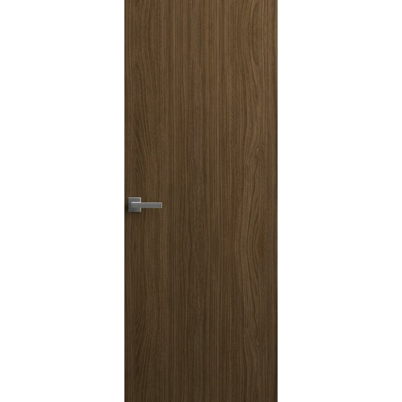 Invisible Solid Hidden Door with Handle | Planum 0010 Walnut with Black Hidden Frame 24" x 96" Right-hand Outswing Black Frame | Concealed Hinges Lock Handle | Modern Frameless Doors