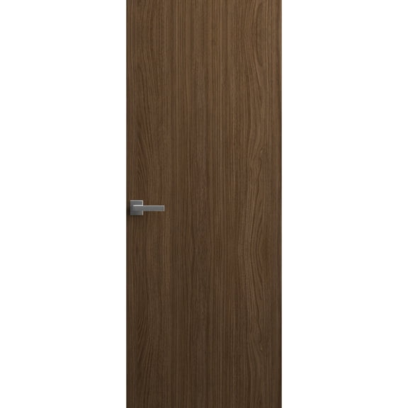 Invisible Solid Hidden Door with Handle | Planum 0010 Walnut with Black Hidden Frame 36" x 84" Left-hand Outswing Black Frame | Concealed Hinges Lock Handle | Modern Frameless Doors