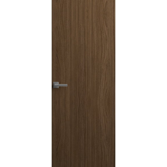 Invisible Solid Hidden Door with Handle | Planum 0010 Walnut with Silver Hidden Frame 28" x 96" Right-hand Inswing Silver Frame | Concealed Hinges Lock Handle | Modern Frameless Doors