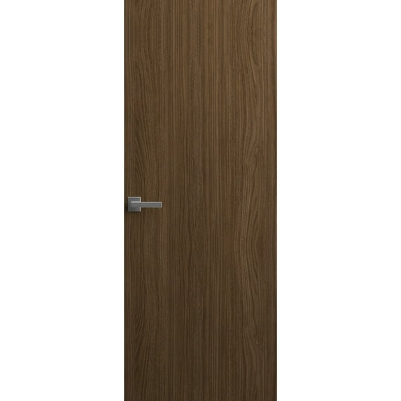 Invisible Solid Hidden Door with Handle | Planum 0010 Walnut with Silver Hidden Frame 32" x 84" Left-hand Outswing Silver Frame | Concealed Hinges Lock Handle | Modern Frameless Doors