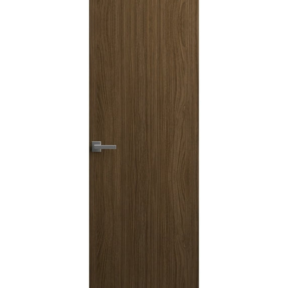 Invisible Solid Hidden Door with Handle | Planum 0010 Walnut with Silver Hidden Frame 36" x 80" Right-hand Inswing Silver Frame | Concealed Hinges Lock Handle | Modern Frameless Doors