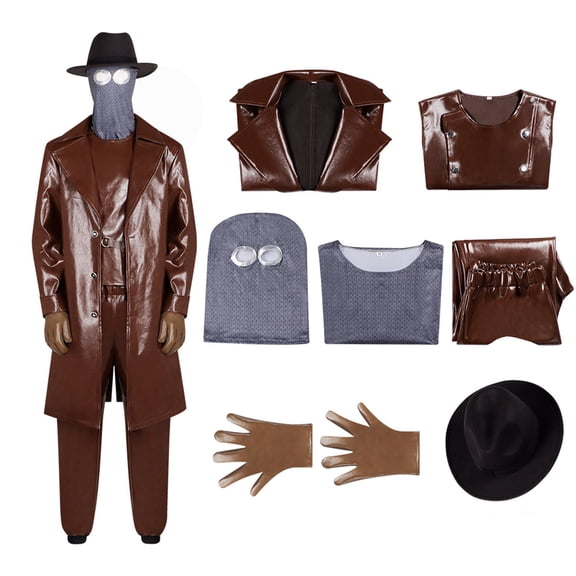 Invisible Spider Costume Kit, Halloween Invisible Spider Full Suit Accessory, Invisible Spider Full Cosplay Outfit Brown Faux Leather Trench Suit Set-Vest+Coat+Mask+ Top+Pants+Hat+Gloves, XXXL