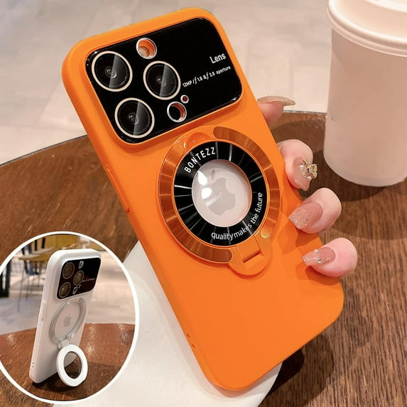Invisible Stand Holder Case for iPhone 14/13 /12/ Pro Max with Bracket,Compatible with Magsafe, Window Glass Lens Camera Protector Magnetic Cover (Orange,for iPhone 12)