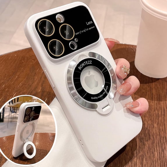 Invisible Stand Holder Case for iPhone 14/13 /12/ Pro Max with Bracket,Compatible with Magsafe, Window Glass Lens Camera Protector Magnetic Cover (White,for iPhone 12ProMax)