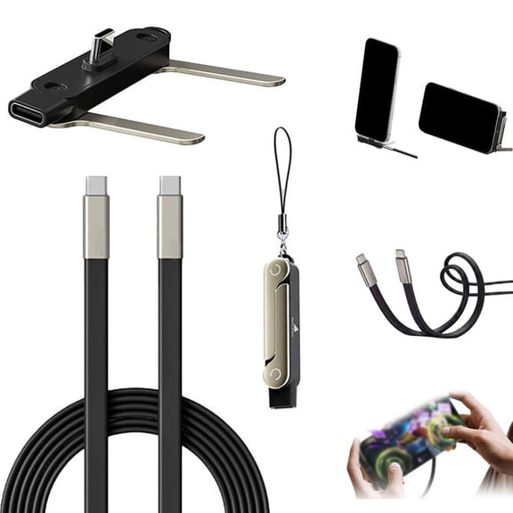 Invisible Stand Type-C Charger Cable, 240W Fast Charging Flat Braided Cord with Detachable 2-in-1 Design, Built-in Phone Holder for Travel, Gaming, Office
