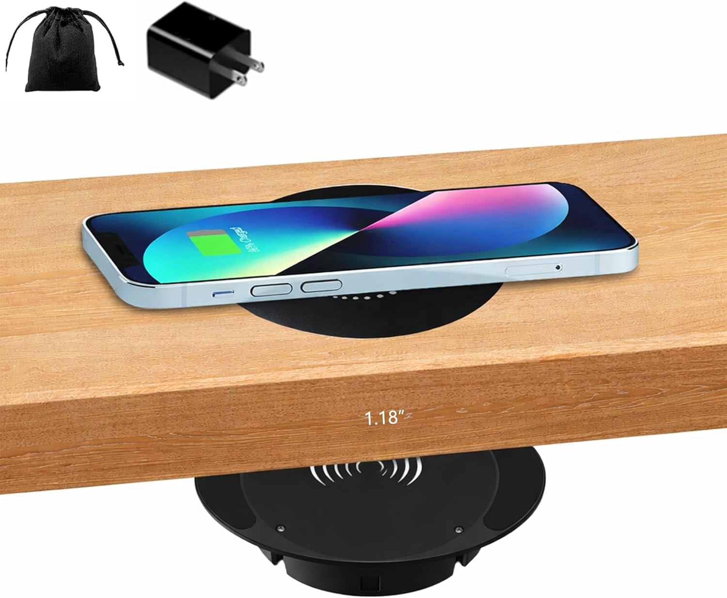 Invisible Under-Desk Wireless Charger, Hidden Table Wireless Charger Pad Compatible with iPhone & Android, with QC Adapter for Furniture Table Nightstand Desktop Charging Station (1)