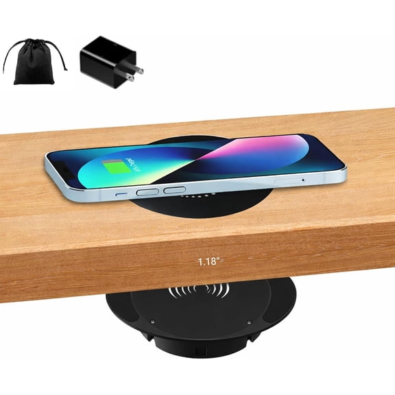 Invisible Under-Desk Wireless Charger, Hidden Table Wireless Charger Pad Compatible with iPhone & Android, with QC Adapter for Furniture Table Nightstand Desktop Charging Station (1)