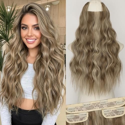 Invisible Wire Hair Extensions with 2 Side Clip-Ins Extensions,3PCS for Full Bundle Design for Thick Volume,22" Wavy Synthetic Hairpieces for Women Ash Blonde Balayage 200g
