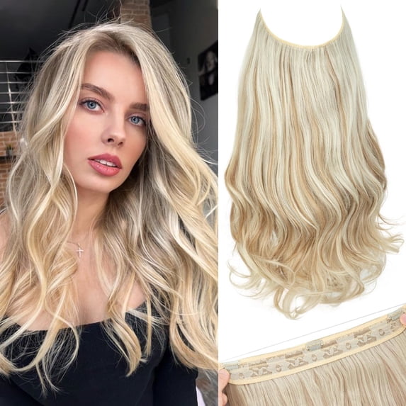 Invisible Wire Hair Extensions with 3 Clips Long Synthetic Wavy Curly Hairpiece Adjustable Transparent Headband for Women 18 Inch Ash Medium Brown/Ash Blonde Highlights