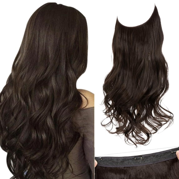 Invisible Wire Hair Extensions with 3 Clips Long Synthetic Wavy Curly Hairpiece Adjustable Transparent Headband for Women 18 Inch Ash Medium Brown/Ash Blonde Highlights