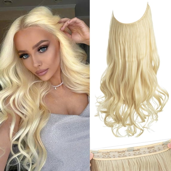 Invisible Wire Hair Extensions with 3 Clips Long Synthetic Wavy Curly Hairpiece Adjustable Transparent Headband for Women 18 Inch Ash Medium Brown/Ash Blonde Highlights