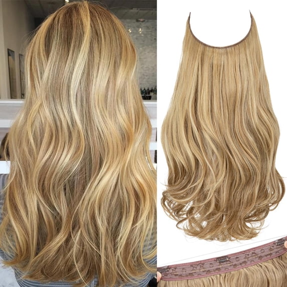 Invisible Wire Hair Extensions with 3 Clips Long Synthetic Wavy Curly Hairpiece Adjustable Transparent Headband for Women 18 Inch Ash Medium Brown/Ash Blonde Highlights