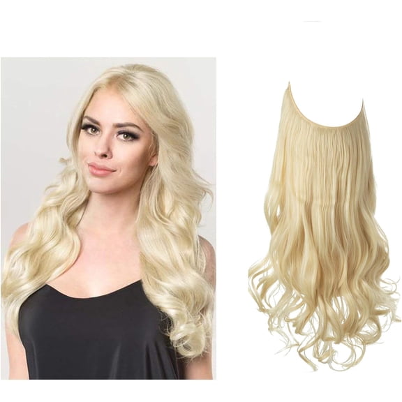 Invisible Wire Hair Extensions Adjustable Size Synthetic Blonde Hair Extensions, 22Inch Long Curly Wavy Secret Hairpieces for Women