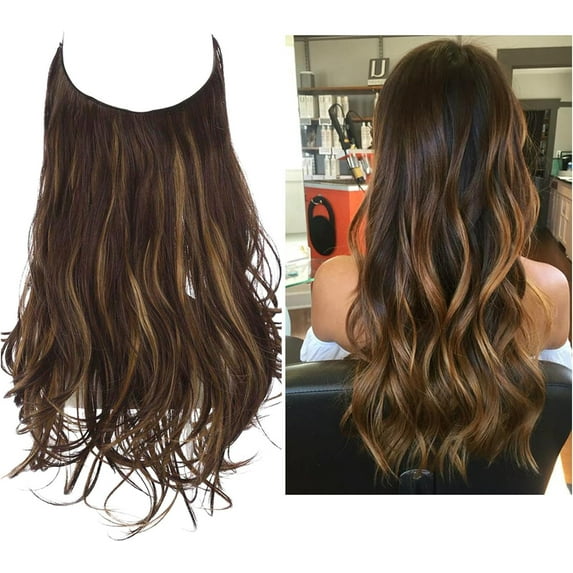 Aorsher Invisible Wire Hair Extensions Adjustable Size Synthetic Hair Extensions, 18Inch Long Curly Wavy Secret Hairpieces for Women Ash Blonde Mix Brown