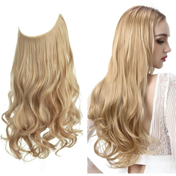 Aorsher Invisible Wire Hair Extensions Halo Hair Extension 16Inch Long Wavy Synthetic Hairpiece with Transparent Wire for Women Adjustable Size No Clips Strawberry Blonde