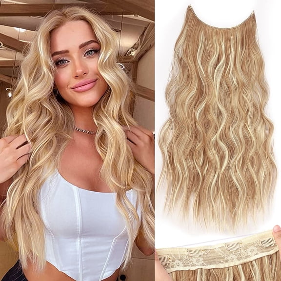 Invisible Wire Hair Extensions with Transparent Wire Adjustable Size 4 Secure Clips Long Wavy Secret Hairpiece (20 Inch, Light Brown mix Highlight Blonde)
