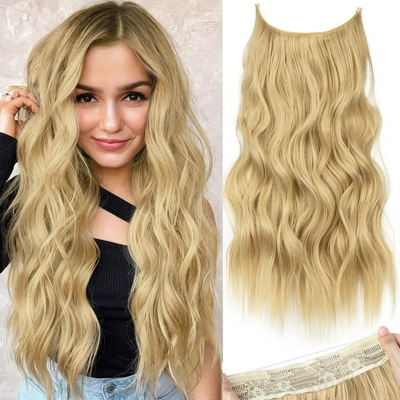 Invisible Wire Hair Extensions with Transparent Wire Adjustable Size Long Wavy Synthetic Hairpiece Golden Blonde 24 Inch with 4 Secure Clips for Women