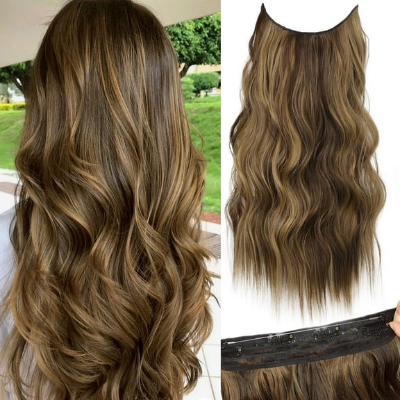 Invisible Wire Hair Extensions with Transparent Headband Adjustable Size 4 Secure Clips Long Wavy Highlight Hairpiece 20 Inch Balayage Chocolate Brown to Caramel Blonde for Women