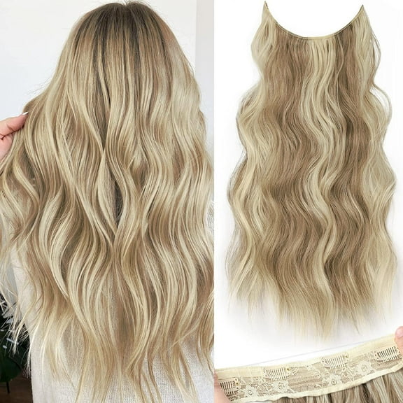 Invisible Wire Hair Extensions with Transparent Headband Adjustable Size 4 Secure Clips Long Wavy Secret Wire Hairpiece 24 Inch for Women (Ash Brown mix Platinum Blonde)