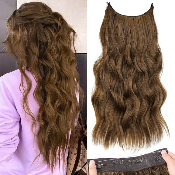 Invisible Wire Hair Extensions with Transparent Wire Long Wavy Synthetic Hairpiece 2424 Inch Chestnut Brown with 4 Secure Clips Adjustable Secret Wire Headband for Women