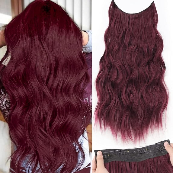Invisible Wire Hair Extensions with Transparent Wire Adjustable Size 4 Secure Clips Long Wavy Secret Hairpiece (24 Inch, Burgundy)